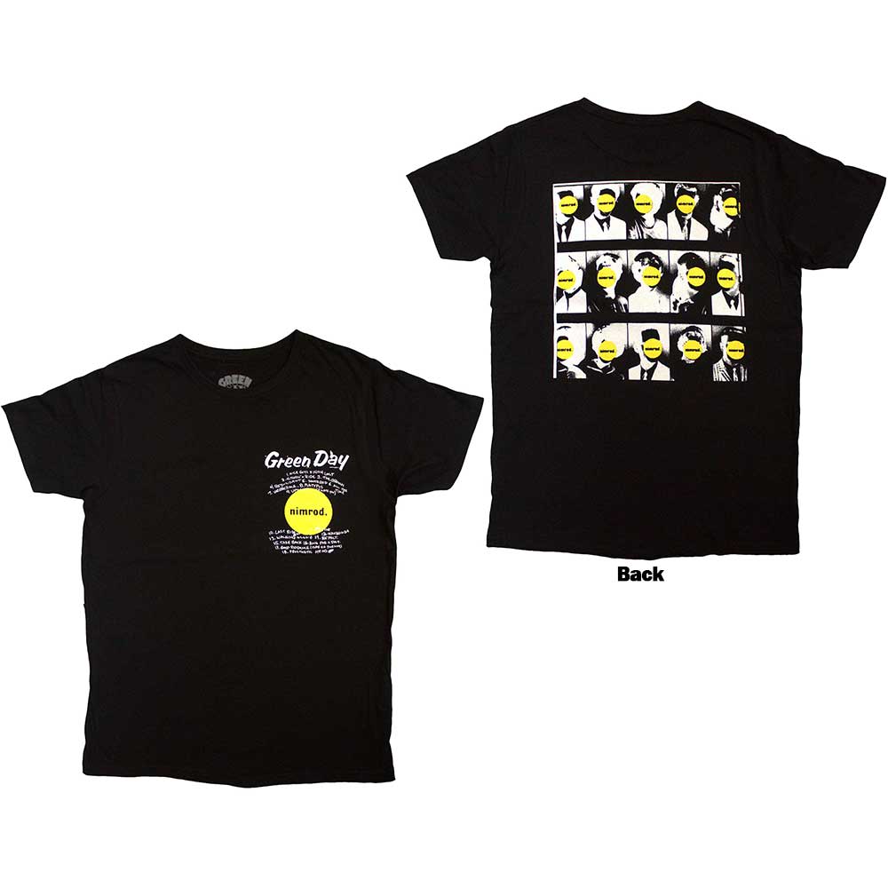 Green Day band t-shirt, small size, back print of Nimrod mugshots.