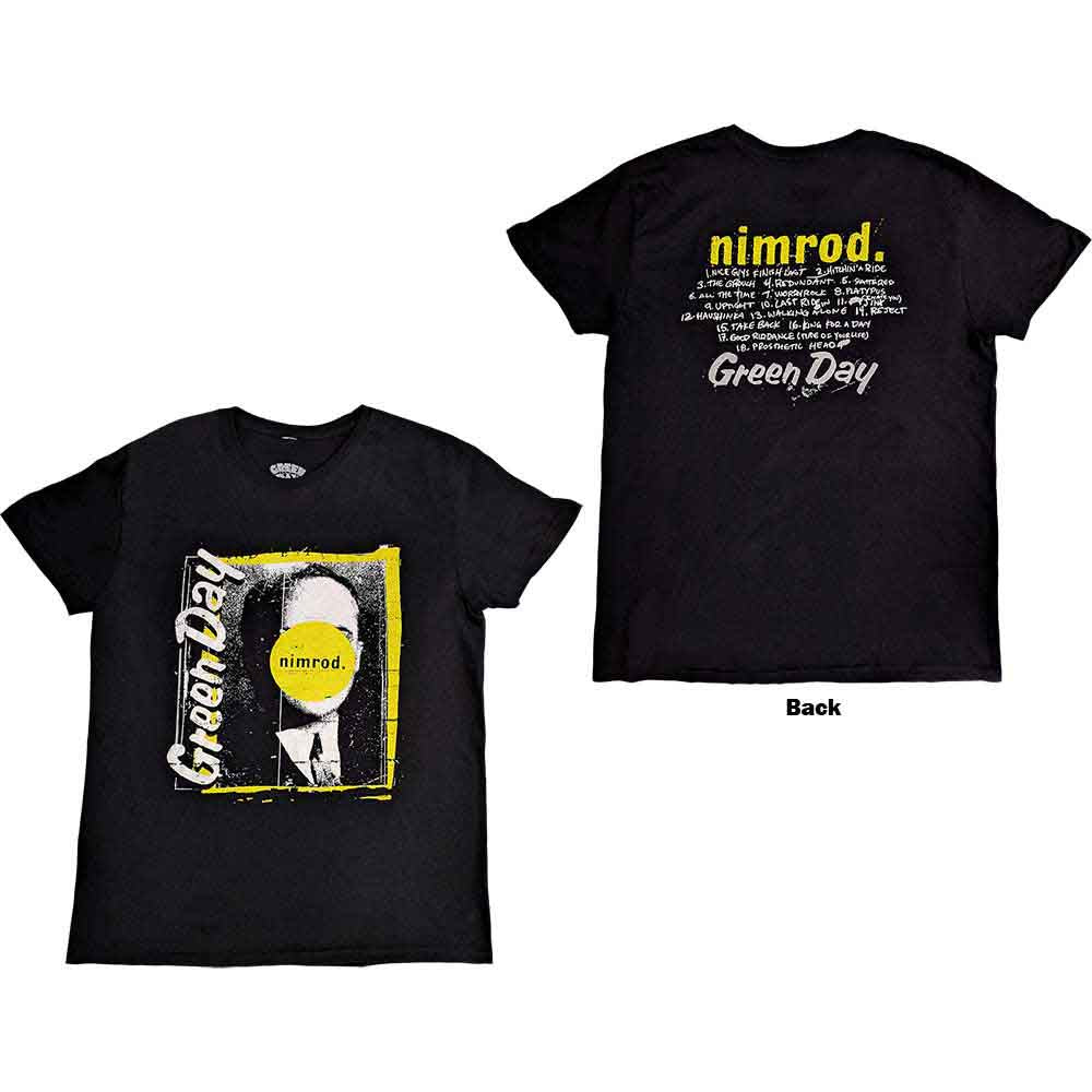 Black t-shirt with white back print of Green Day’s *Nimrod* album tracklist.
