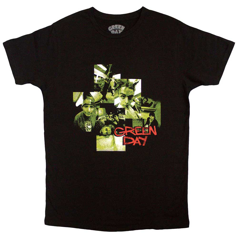 Unisex black T-shirt featuring a photo montage graphic of the band Green Day.