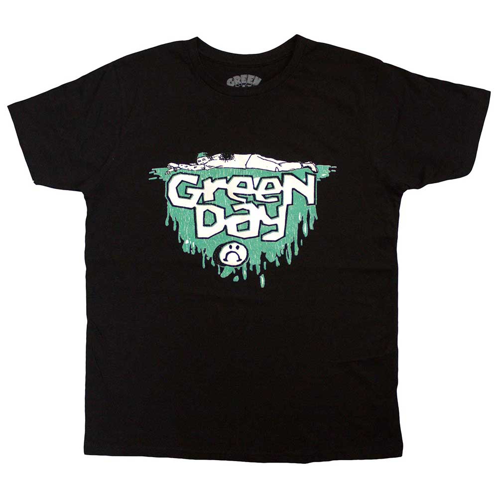 Black unisex t-shirt featuring a yellow Green Day sad smiley face graphic on front.