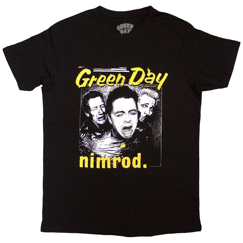 Black unisex t-shirt featuring the yellow Green Day Nimrod album cover pick graphic.
