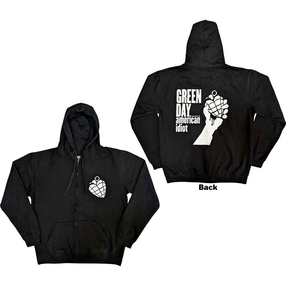 Green zipped hoodie with "American Idiot" musical back print, size XX-Large.
