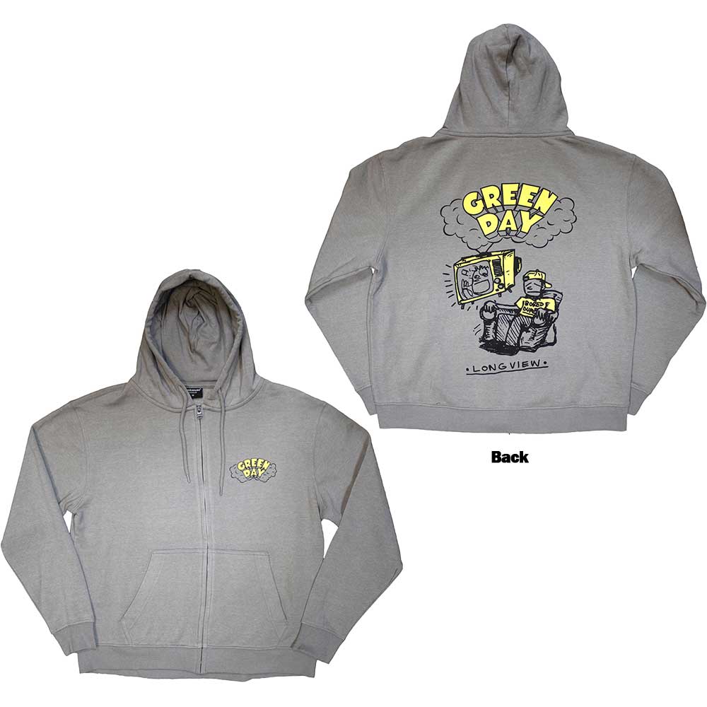 Green Day hoodie, black, with "Longview" doodle art on the back.