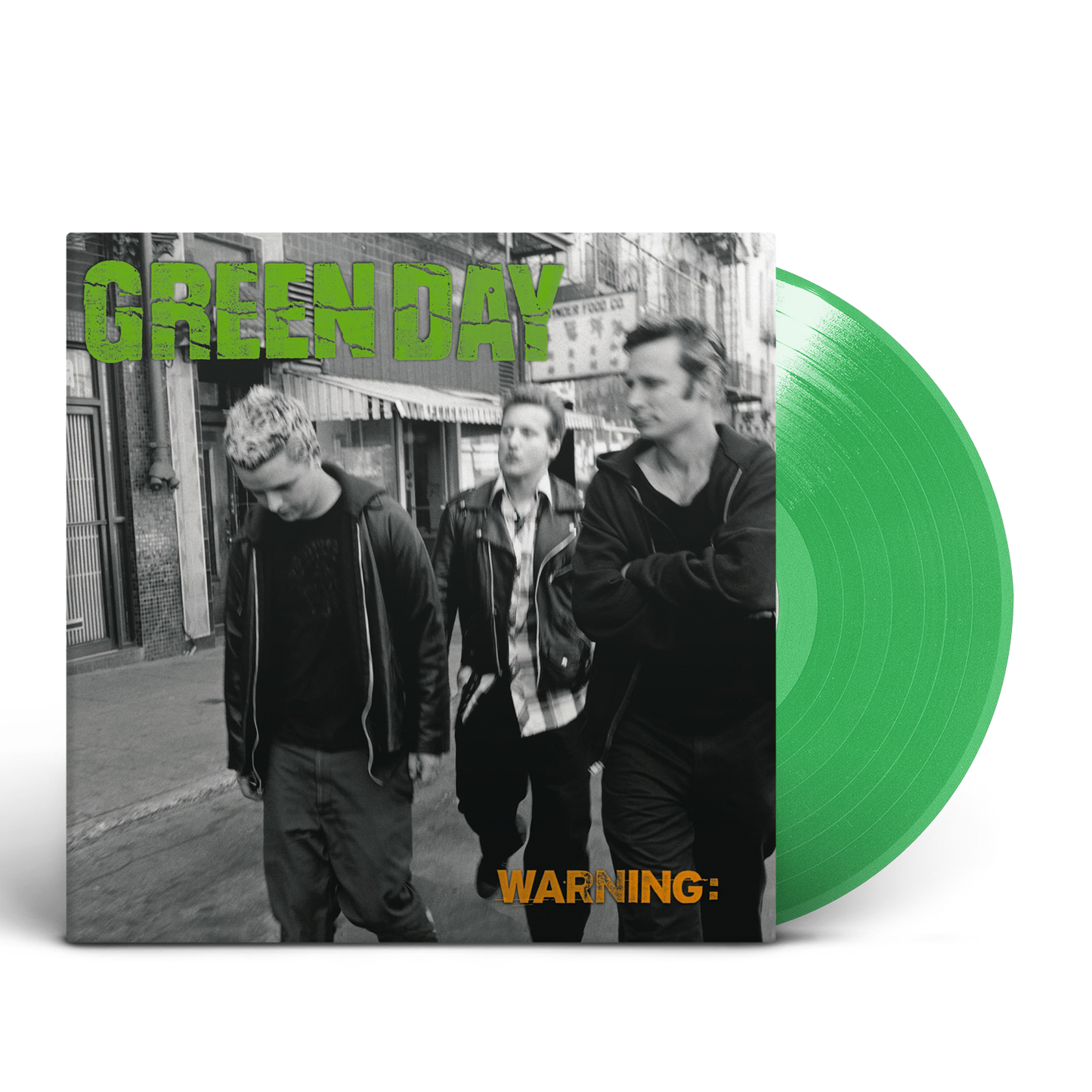Green Day “Warning” vinyl record cover with band photo and green disc.