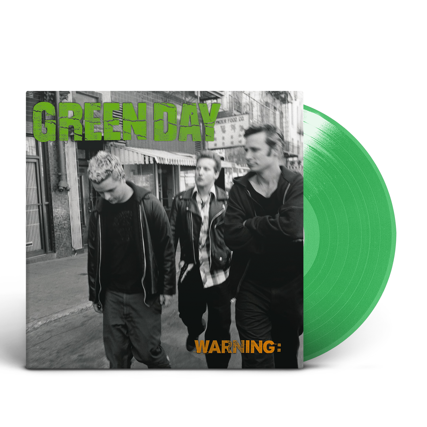 Green Day “Warning” vinyl record cover with band photo and green disc.