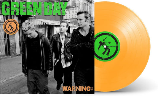 Green Day's "Warning" album cover with an orange vinyl record.