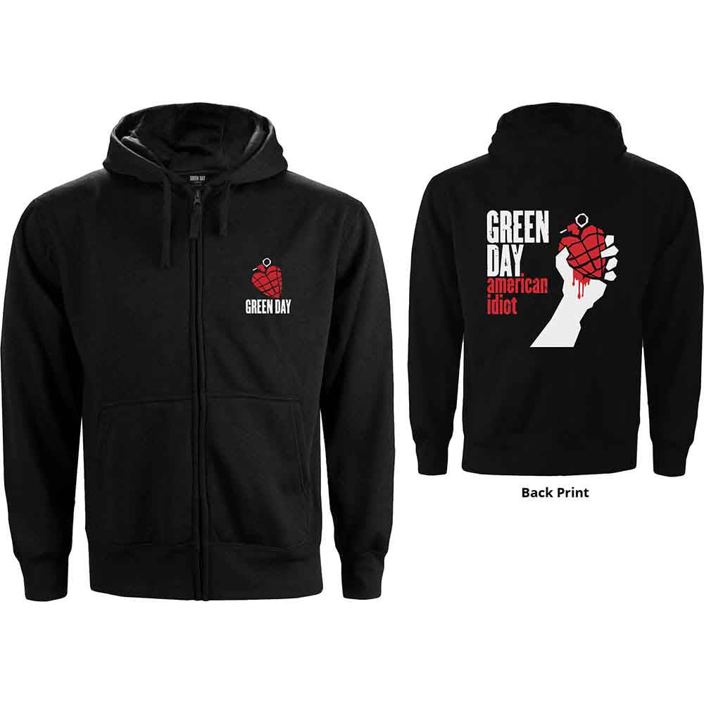 Black Green Day zip hoodie with “American Idiot” heart and hand graphic.