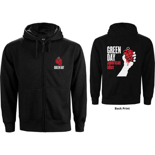 Black Green Day zip hoodie with “American Idiot” heart and hand graphic.