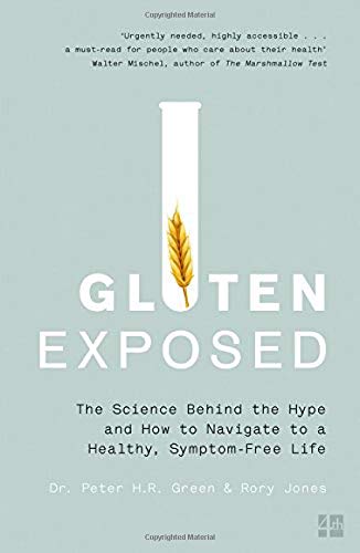Book cover: "Gluten Exposed" with wheat stalk illustration, pale blue background.