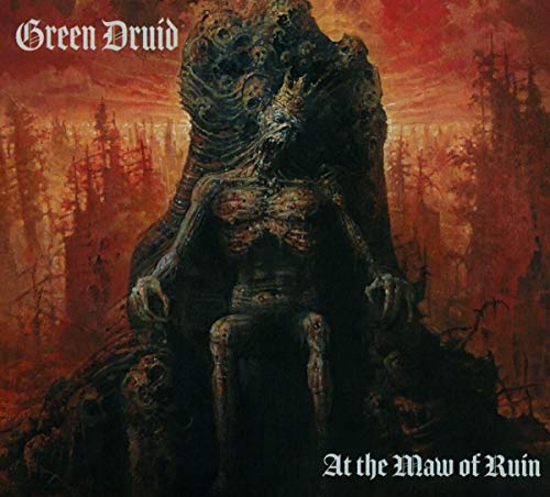 "Album cover art: grotesque, seated figure with skulls, against a fiery red background."