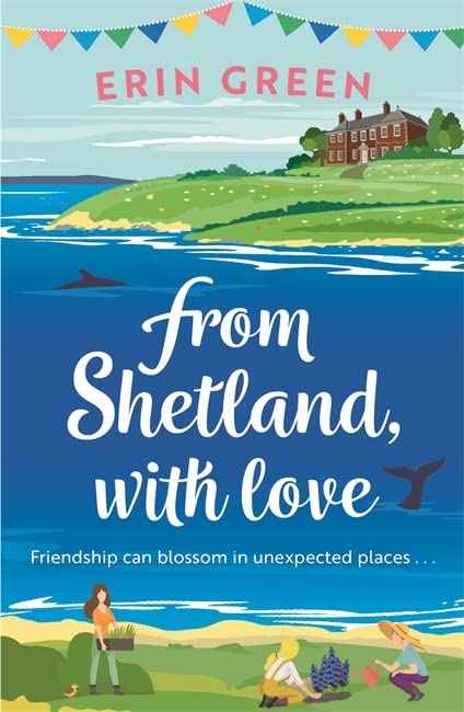 Book cover: coastal landscape, large title "from Shetland, with love", figures below.