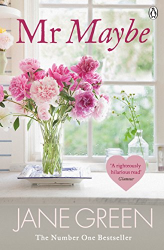 Book cover, "Mr Maybe" by Jane Green, with pink and white peonies.