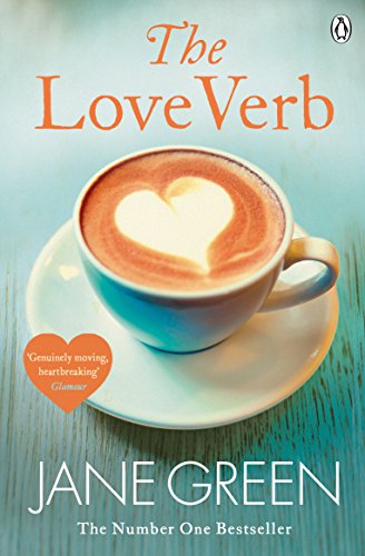 Book cover: "The Love Verb" by Jane Green, with coffee cup and heart.