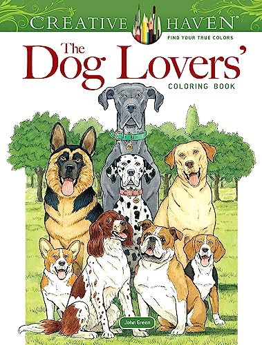 Cover of coloring book featuring a group of various dog breeds.