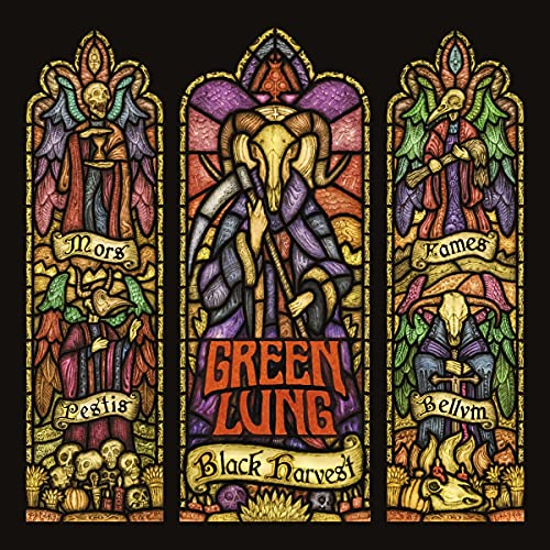 CD cover: Three stained-glass panels with skulls, demons, and the band’s name.
