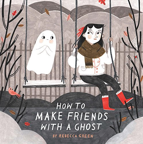 A girl and a ghost sit on swings in a park with falling autumn leaves.