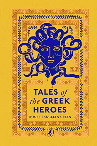 Yellow book cover with blue Medusa illustration and title "Tales of the Greek Heroes".