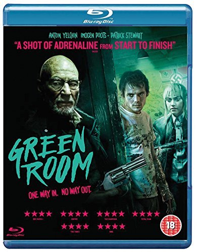 Green Room" Blu-ray cover featuring tense characters and a green title.