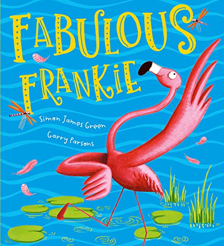 Book cover: red flamingo with dragonfly, blue water, and lily pads.