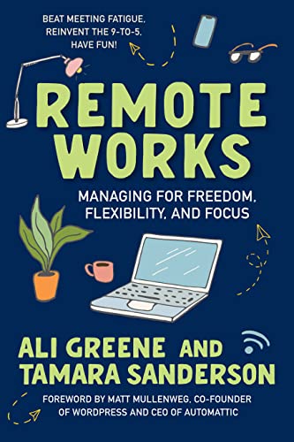 Book cover with illustrations of remote work items: laptop, plant, headphones.