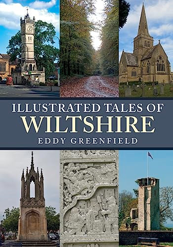 Book cover featuring Wiltshire landmarks: clock tower, trees, church, and monuments.