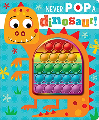Orange cartoon dinosaur with a pop-it toy shell, colorful bubbles.