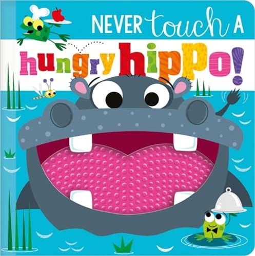 Book cover: grey hippo with open mouth, colorful text, and cartoon frogs.