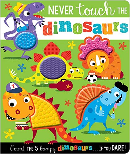 Book cover with five colorful cartoon dinosaurs on a green background with textured patches.