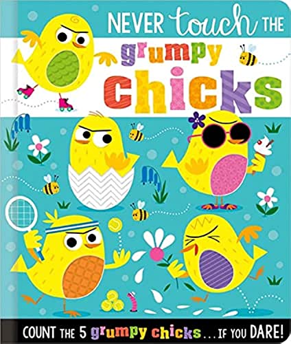 Colorful board book cover featuring five grumpy yellow chicks and bees.