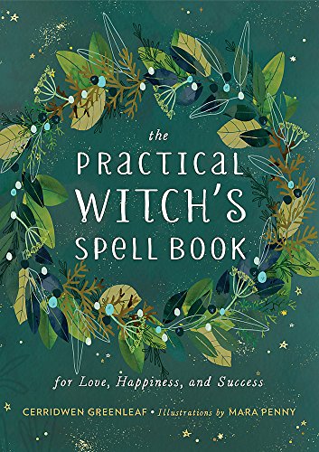 Book cover with floral wreath and title "The Practical Witch's Spell Book".