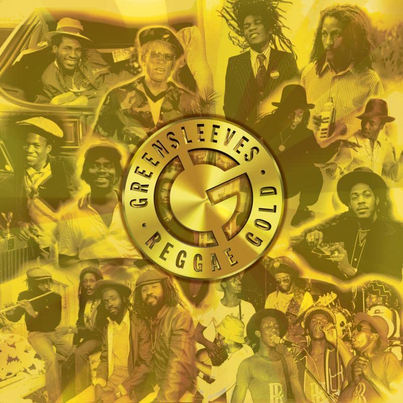 Yellow-toned collage of reggae artists with a circular Greensleeves Reggae Gold logo.