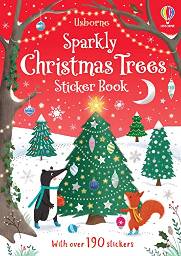 Sparkly Christmas Trees" sticker book cover with forest scene and animals.