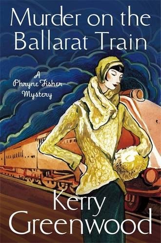 Book cover: woman in yellow, train, and title “Murder on the Ballarat Train.”