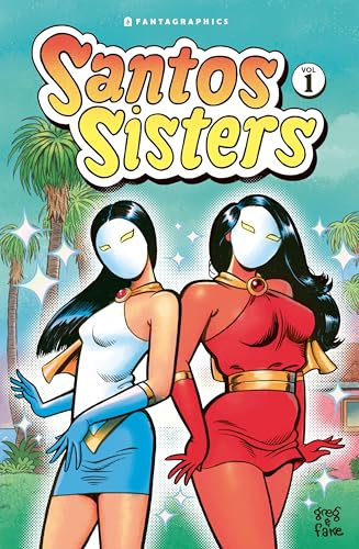 Comic book cover featuring two masked women in colorful outfits, palm trees.