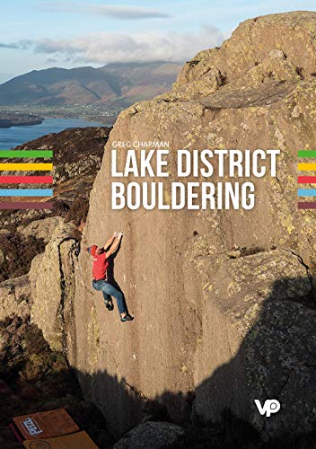 Bouldering guidebook cover featuring a climber on a rocky Lake District crag.