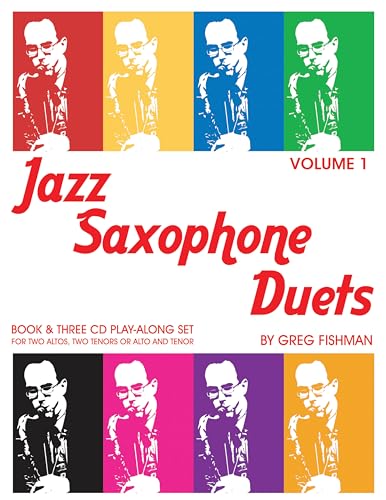 Book cover for "Jazz Saxophone Duets Volume 1" with colorful portraits.