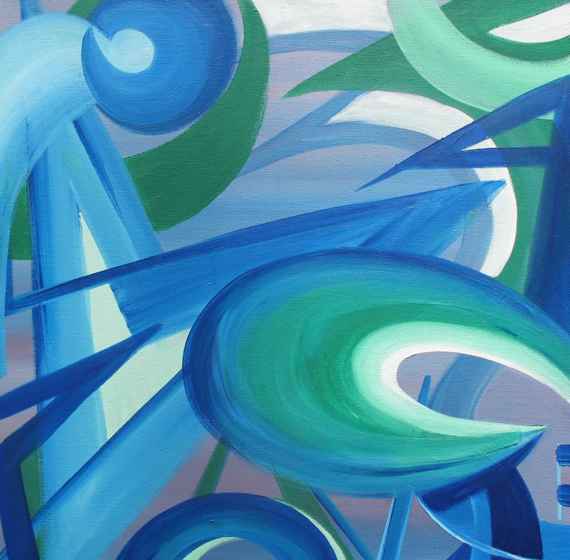 Abstract painting with swirling blue and green shapes, resembling water.