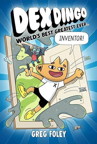 Cartoon dingo with bat, holding a pencil, surrounded by inventions.