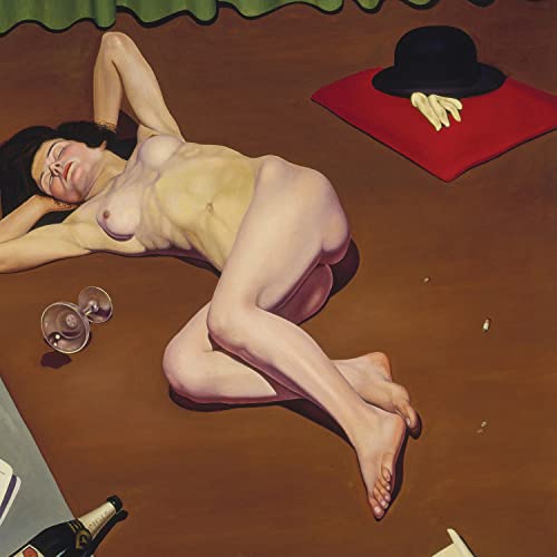 Painting of a nude woman reclining with a hat and wine glasses.