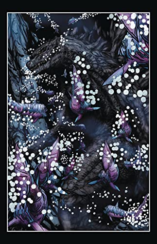 Godzilla amidst swirling, colorful, bioluminescent creatures in dark water.