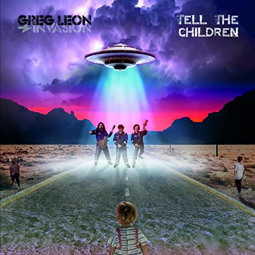 Album cover: band with UFO, child looking up a desert road.