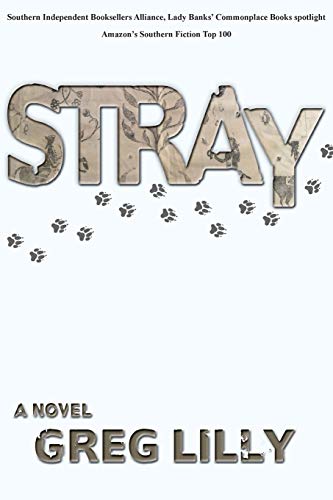 Book cover for "Stray" with large title and paw prints.