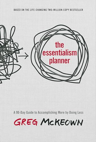 Gray cover planner with red text reading "The Essentialism Planner" and author's name.