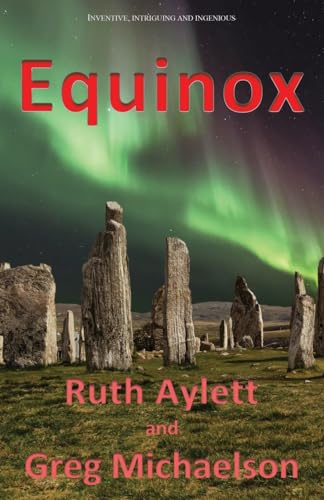 Book cover: "Equinox" with standing stones under a green aurora borealis.