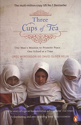 Book cover for Three Cups of Tea featuring three young girls wearing headscarves reading.