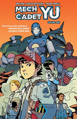 Comic book cover featuring young cadets and large robot mechs.