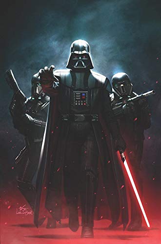 Darth Vader reaches forward with two armored troopers against a dark, red-lit background.