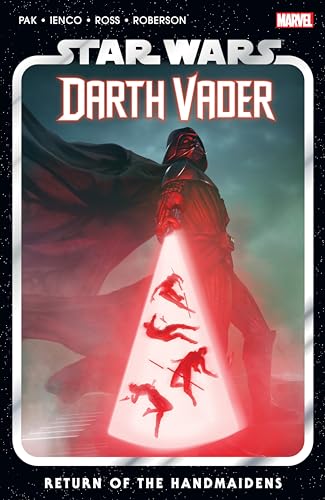 Darth Vader stands with a red lightsaber illuminating falling figures.