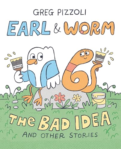 Bird and worm painting a rock, book cover for "Earl & Worm.