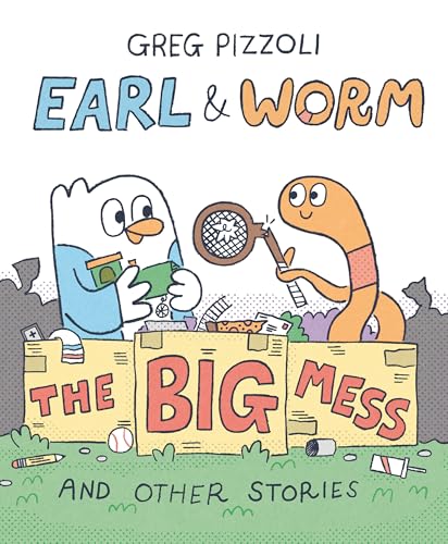 A bird and a worm stand behind cardboard boxes labeled The Big Mess.